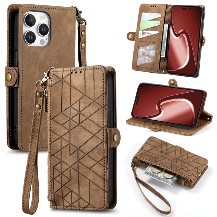 Geometric Zipper Wallet Side Buckle Leather Phone Case, For iPhone 16, For iPhone 15 Pro Max, For iPhone 15 Pro, For iPhone 15 Plus