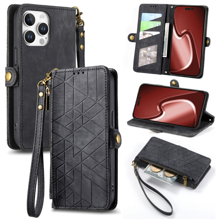 Geometric Zipper Wallet Side Buckle Leather Phone Case, For iPhone 16, For iPhone 15 Pro Max, For iPhone 15 Pro, For iPhone 15 Plus
