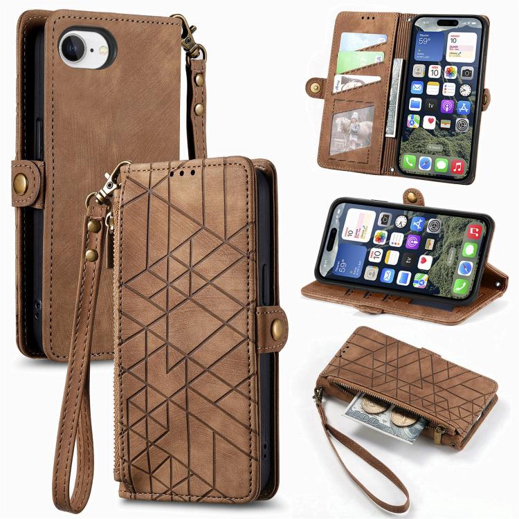 Geometric Zipper Wallet Side Buckle Leather Phone Case, For iPhone 16, For iPhone 15 Pro Max, For iPhone 15 Pro, For iPhone 15 Plus