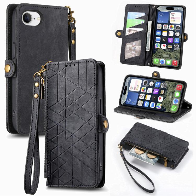 Geometric Zipper Wallet Side Buckle Leather Phone Case, For iPhone 16, For iPhone 15 Pro Max, For iPhone 15 Pro, For iPhone 15 Plus