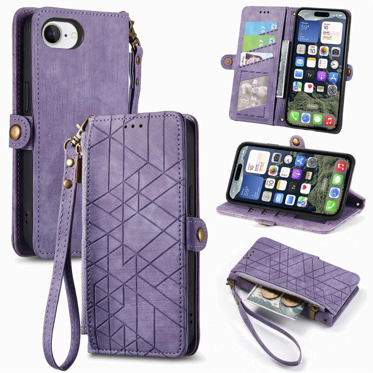 Geometric Zipper Wallet Side Buckle Leather Phone Case, For iPhone 16, For iPhone 15 Pro Max, For iPhone 15 Pro, For iPhone 15 Plus