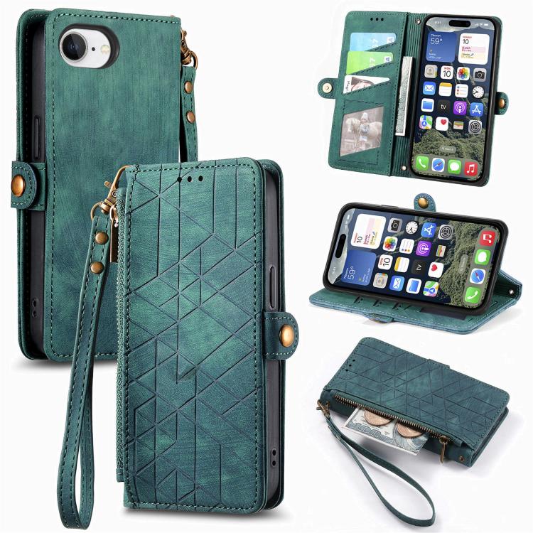 Geometric Zipper Wallet Side Buckle Leather Phone Case, For iPhone 16e, For iPhone 16 Pro Max, For iPhone 16 Pro, For iPhone 16 Plus