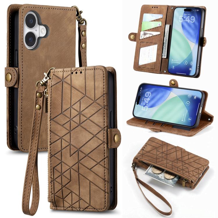 Geometric Zipper Wallet Side Buckle Leather Phone Case, For iPhone 16e, For iPhone 16 Pro Max, For iPhone 16 Pro, For iPhone 16 Plus