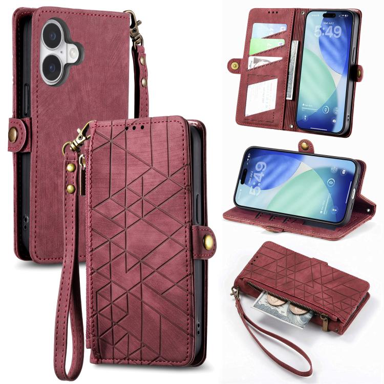 Geometric Zipper Wallet Side Buckle Leather Phone Case, For iPhone 16e, For iPhone 16 Pro Max, For iPhone 16 Pro, For iPhone 16 Plus