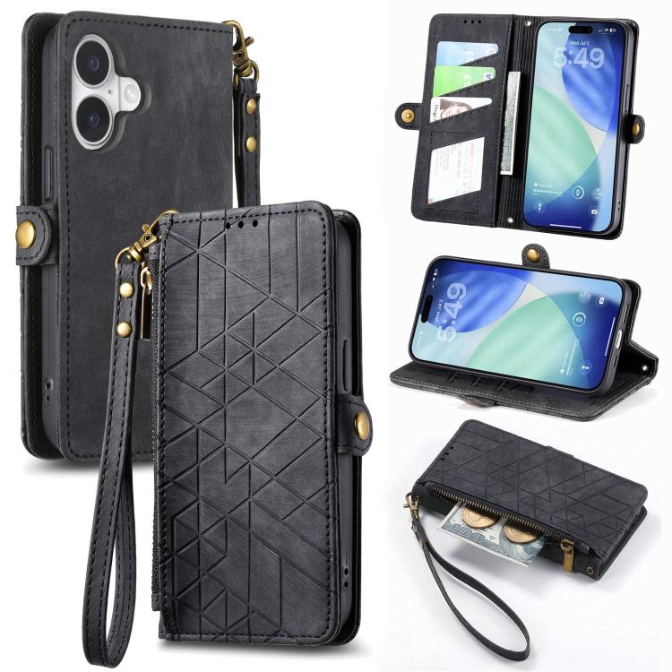 Geometric Zipper Wallet Side Buckle Leather Phone Case, For iPhone 16e, For iPhone 16 Pro Max, For iPhone 16 Pro, For iPhone 16 Plus