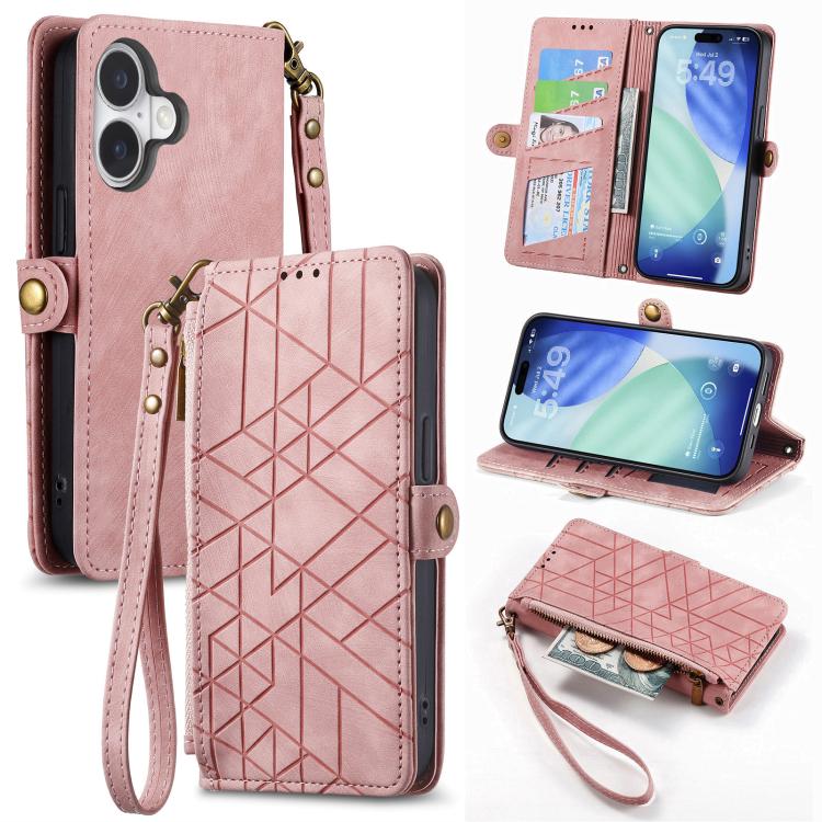 Geometric Zipper Wallet Side Buckle Leather Phone Case, For iPhone 16e, For iPhone 16 Pro Max, For iPhone 16 Pro, For iPhone 16 Plus