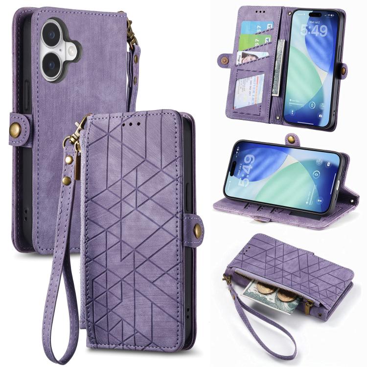 Geometric Zipper Wallet Side Buckle Leather Phone Case, For iPhone 16e, For iPhone 16 Pro Max, For iPhone 16 Pro, For iPhone 16 Plus
