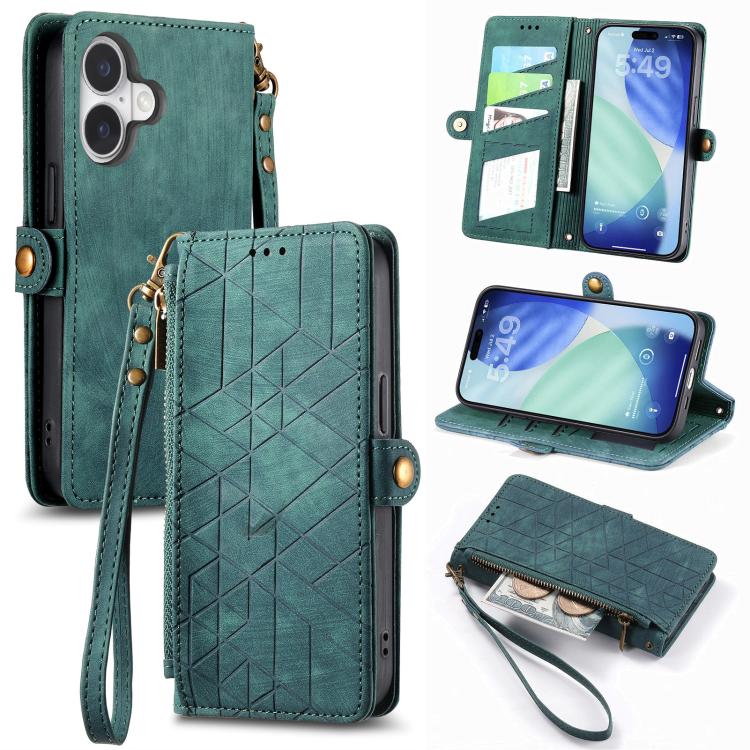 Geometric Zipper Wallet Side Buckle Leather Phone Case, For iPhone 16e, For iPhone 16 Pro Max, For iPhone 16 Pro, For iPhone 16 Plus