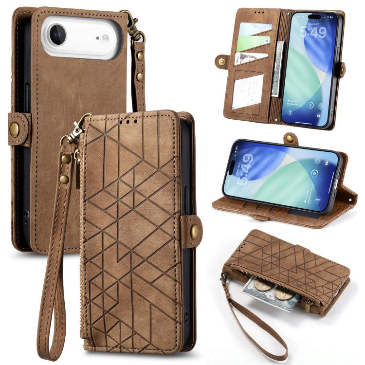 Geometric Zipper Wallet Side Buckle Leather Phone Case, For iPhone 16e, For iPhone 16 Pro Max, For iPhone 16 Pro, For iPhone 16 Plus