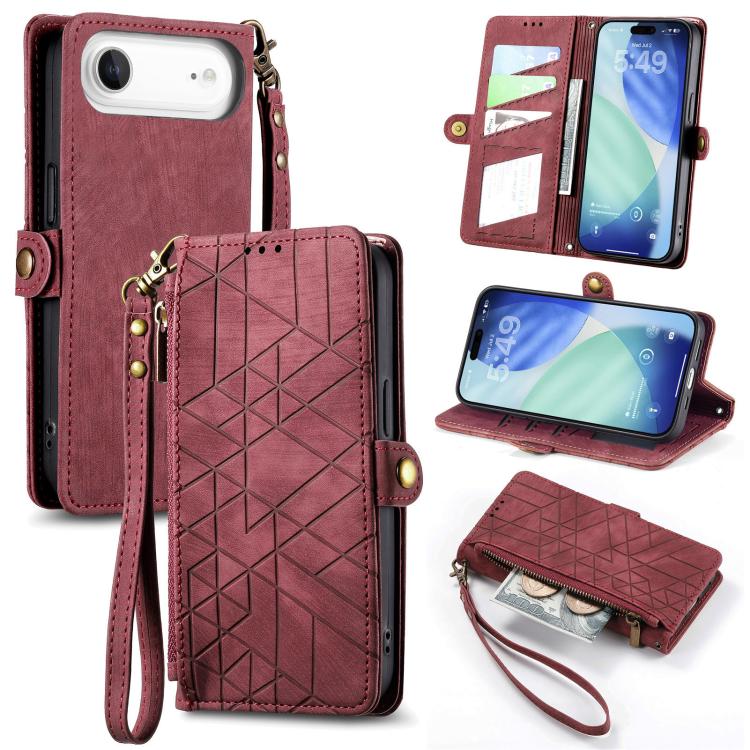 Geometric Zipper Wallet Side Buckle Leather Phone Case, For iPhone 16e, For iPhone 16 Pro Max, For iPhone 16 Pro, For iPhone 16 Plus