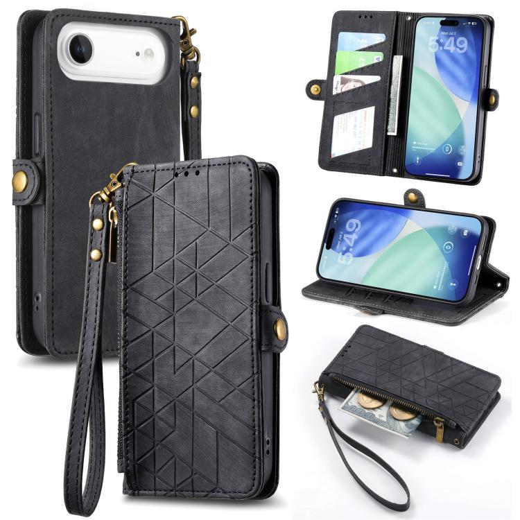 Geometric Zipper Wallet Side Buckle Leather Phone Case, For iPhone 16e, For iPhone 16 Pro Max, For iPhone 16 Pro, For iPhone 16 Plus