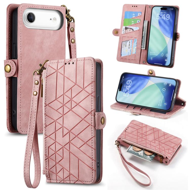 Geometric Zipper Wallet Side Buckle Leather Phone Case, For iPhone 16e, For iPhone 16 Pro Max, For iPhone 16 Pro, For iPhone 16 Plus