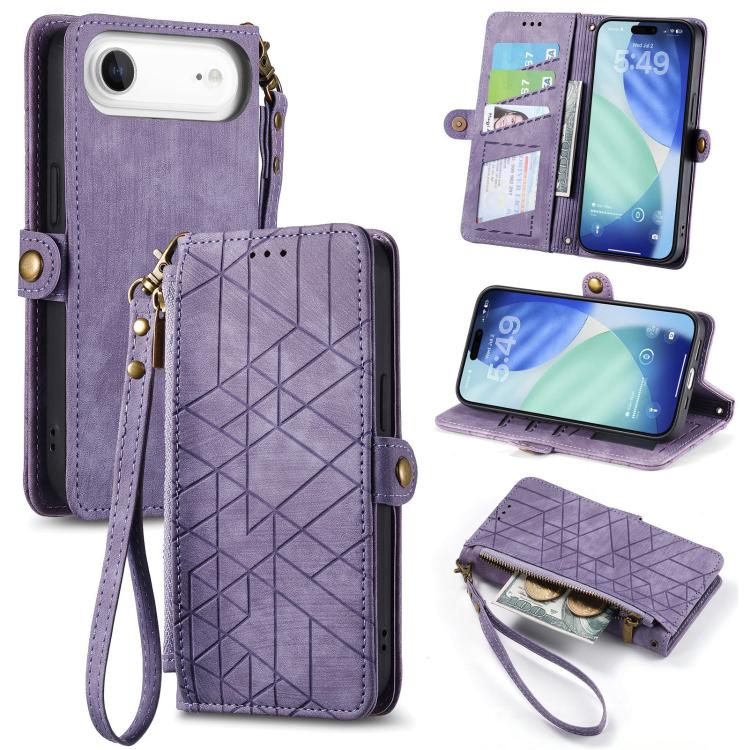 Geometric Zipper Wallet Side Buckle Leather Phone Case, For iPhone 16e, For iPhone 16 Pro Max, For iPhone 16 Pro, For iPhone 16 Plus