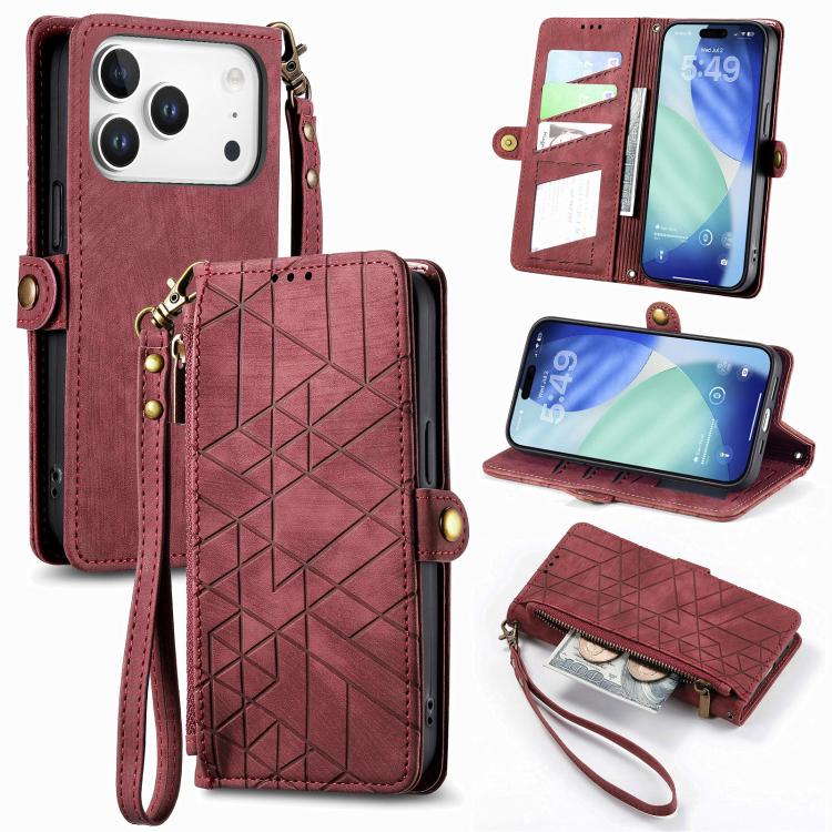 Geometric Zipper Wallet Side Buckle Leather Phone Case, For iPhone 16e, For iPhone 16 Pro Max, For iPhone 16 Pro, For iPhone 16 Plus