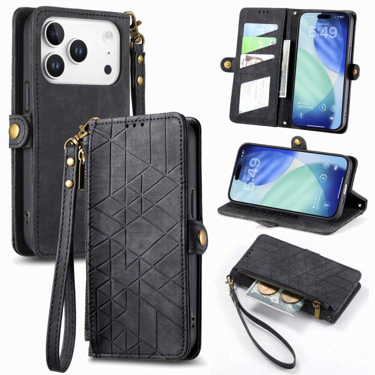 Geometric Zipper Wallet Side Buckle Leather Phone Case, For iPhone 16e, For iPhone 16 Pro Max, For iPhone 16 Pro, For iPhone 16 Plus