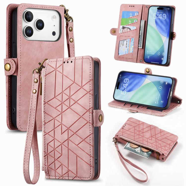 Geometric Zipper Wallet Side Buckle Leather Phone Case, For iPhone 16e, For iPhone 16 Pro Max, For iPhone 16 Pro, For iPhone 16 Plus