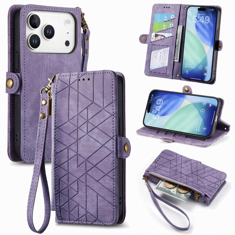 Geometric Zipper Wallet Side Buckle Leather Phone Case, For iPhone 16e, For iPhone 16 Pro Max, For iPhone 16 Pro, For iPhone 16 Plus