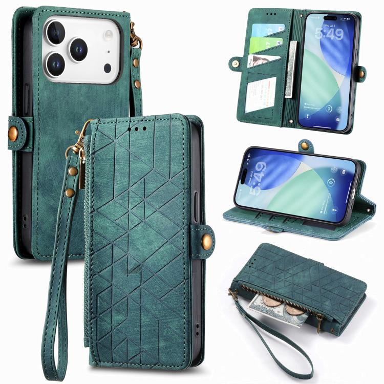 Geometric Zipper Wallet Side Buckle Leather Phone Case, For iPhone 16e, For iPhone 16 Pro Max, For iPhone 16 Pro, For iPhone 16 Plus
