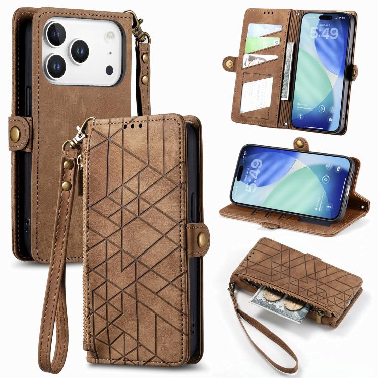 Geometric Zipper Wallet Side Buckle Leather Phone Case, For iPhone 16e, For iPhone 16 Pro Max, For iPhone 16 Pro, For iPhone 16 Plus