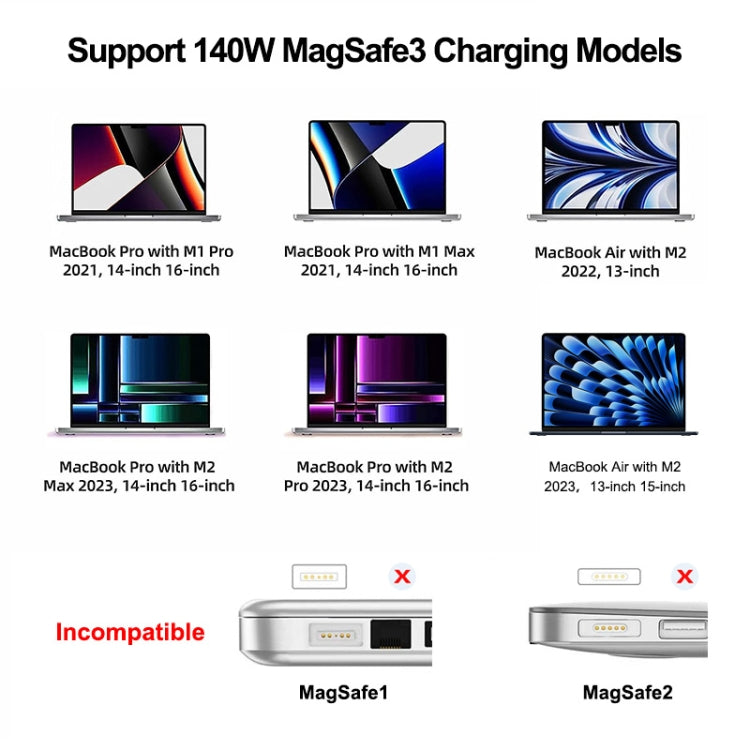 Câble de charge magnétique tressé en nylon ENKAY 140 W USB-C / Type-C vers MagSafe 3 avec indicateur LED pour MacBook 2 m, ENKAY Gris, ENKAY Bleu
