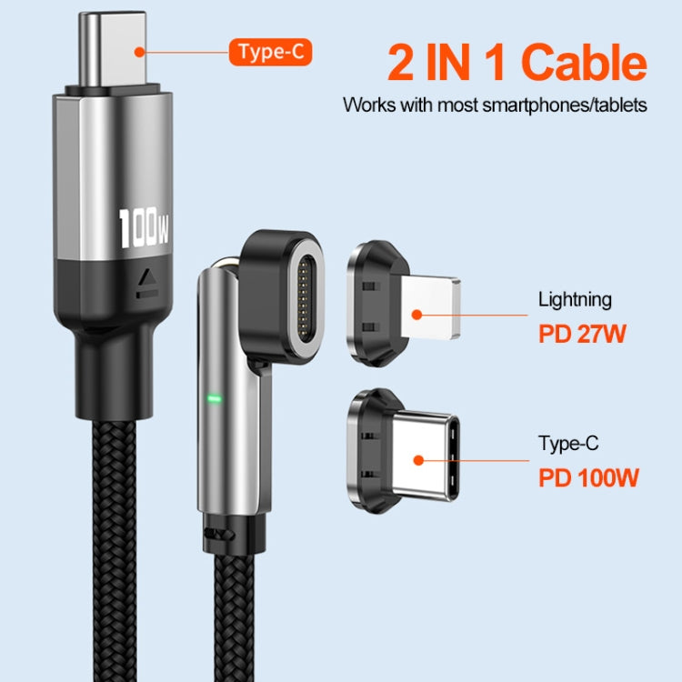ENKAY 2 in 1 PD 100W / 27W 180 Degrees Rotation Magnetic Type-C / 8 Pin Fast Charging Data Cable with LED Light, 1m, 2m