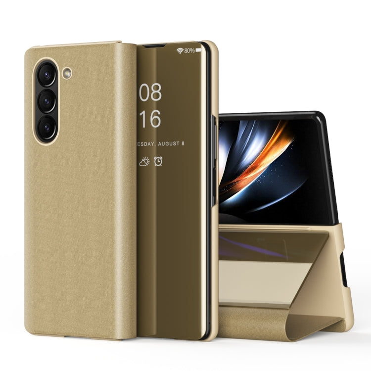 Plated Mirror Horizontal Flip Leather Phone Case with Holder, For Galaxy Z Fold6, For Galaxy Z Fold5 5G
