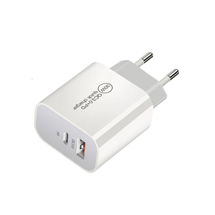 PD30W USB-C / Type-C + QC3.0 USB Dual Port Charger with 1m Type-C to 8 Pin Data Cable, EU Plug, US Plug, AU Plug