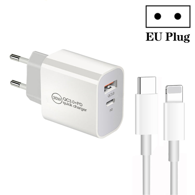 PD30W USB-C / Type-C + QC3.0 USB Dual Port Charger with 1m Type-C to 8 Pin Data Cable, EU Plug, US Plug, AU Plug