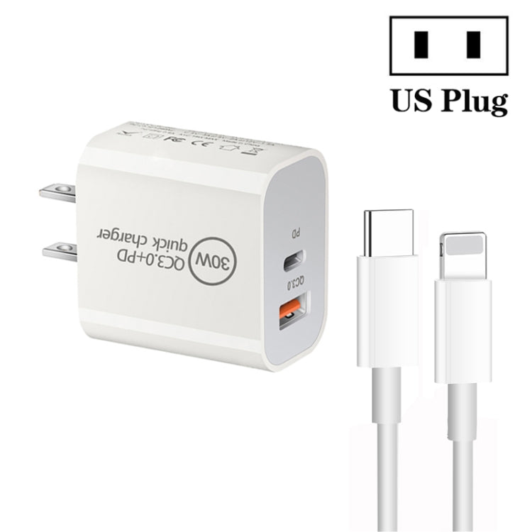 PD30W USB-C / Type-C + QC3.0 USB Dual Port Charger with 1m Type-C to 8 Pin Data Cable, EU Plug, US Plug, AU Plug