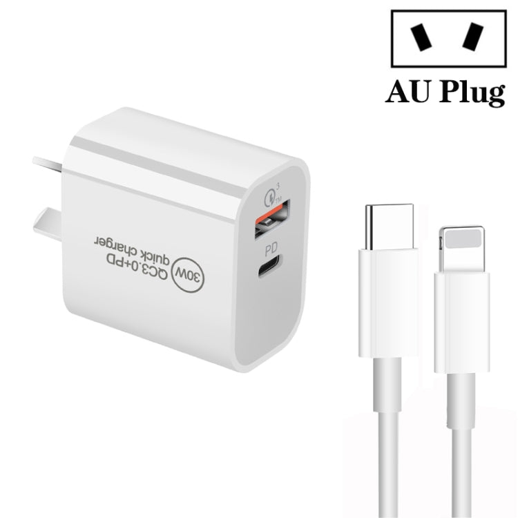 PD30W USB-C / Type-C + QC3.0 USB Dual Port Charger with 1m Type-C to 8 Pin Data Cable, EU Plug, US Plug, AU Plug