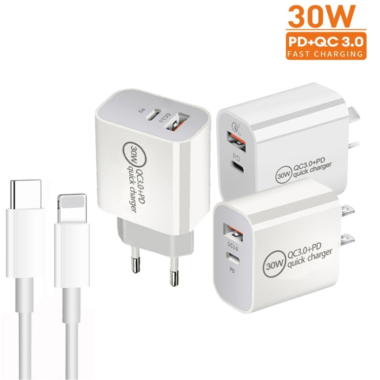 PD30W USB-C / Type-C + QC3.0 USB Dual Port Charger with 1m Type-C to 8 Pin Data Cable, EU Plug, US Plug, AU Plug