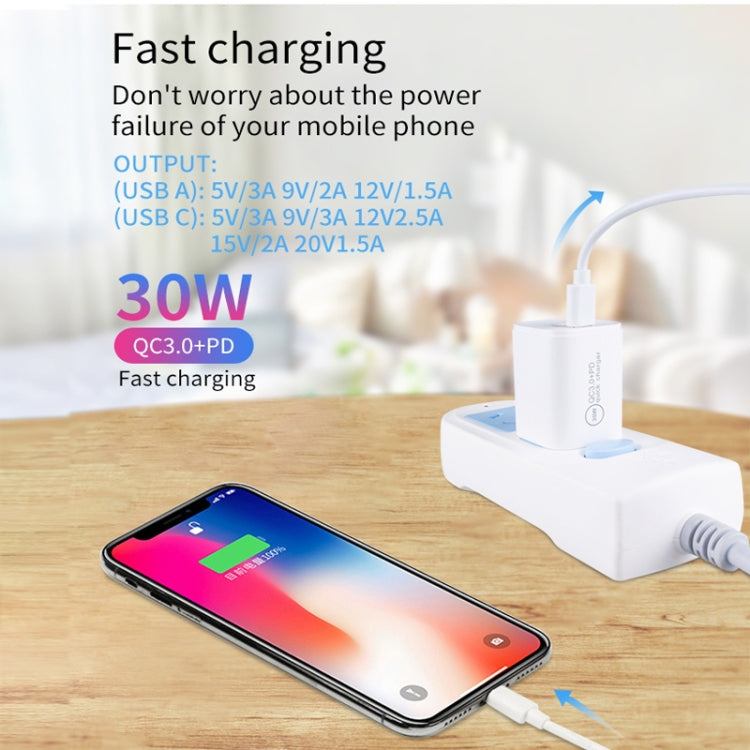 PD30W USB-C / Type-C + QC3.0 USB Dual Port Charger with 1m Type-C to 8 Pin Data Cable, EU Plug, US Plug, AU Plug
