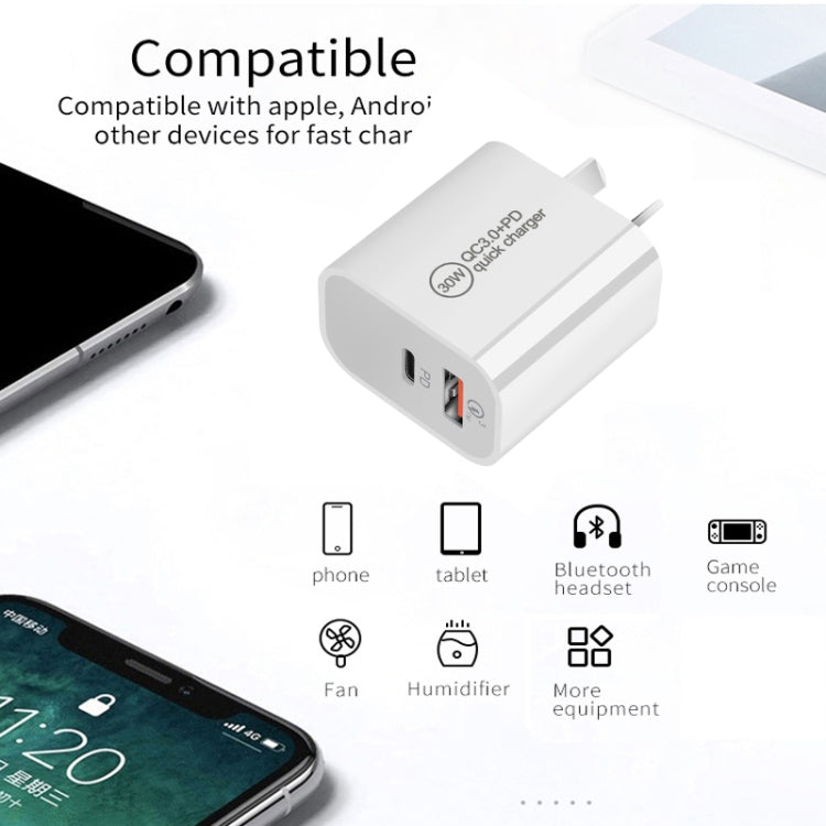 PD30W USB-C / Type-C + QC3.0 USB Dual Port Charger with 1m Type-C to 8 Pin Data Cable, EU Plug, US Plug, AU Plug