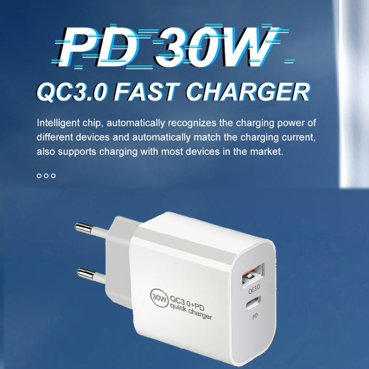 PD30W USB-C / Type-C + QC3.0 USB Dual Port Charger with 1m Type-C to 8 Pin Data Cable, EU Plug, US Plug, AU Plug