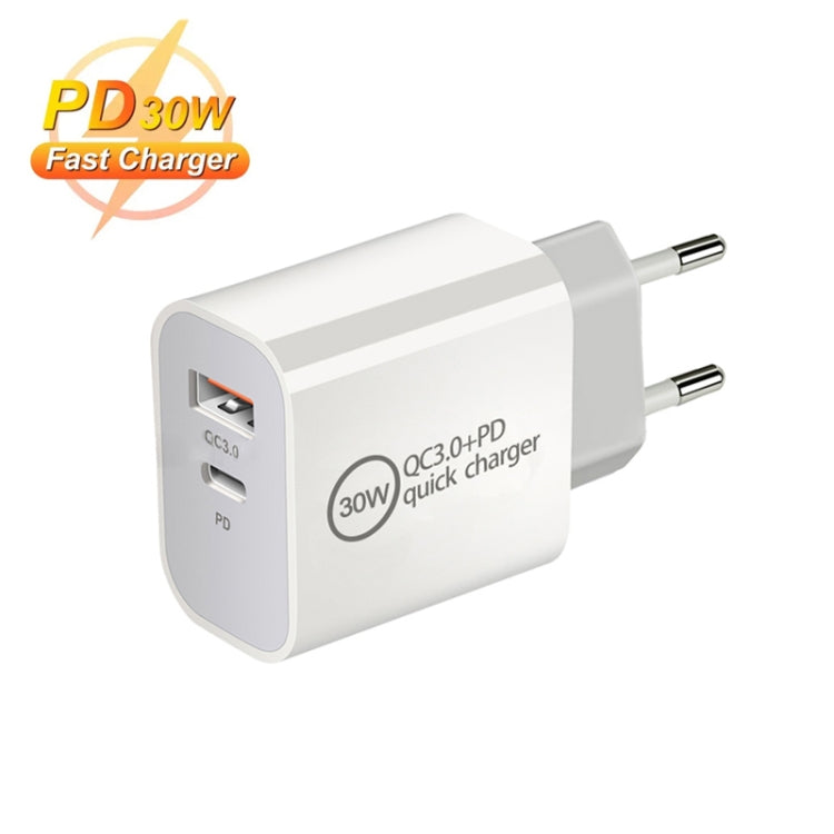 PD30W USB-C / Type-C + QC3.0 USB Dual Port Charger with 1m USB to 8 Pin Data Cable, EU Plug, US Plug, AU Plug