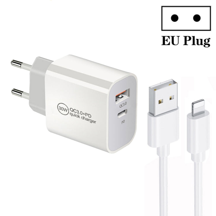 PD30W USB-C / Type-C + QC3.0 USB Dual Port Charger with 1m USB to 8 Pin Data Cable, EU Plug, US Plug, AU Plug