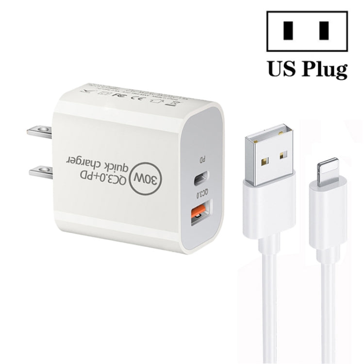 PD30W USB-C / Type-C + QC3.0 USB Dual Port Charger with 1m USB to 8 Pin Data Cable, EU Plug, US Plug, AU Plug