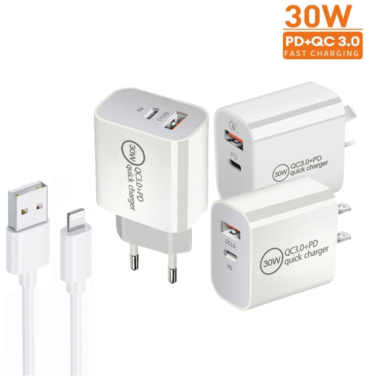 PD30W USB-C / Type-C + QC3.0 USB Dual Port Charger with 1m USB to 8 Pin Data Cable, EU Plug, US Plug, AU Plug