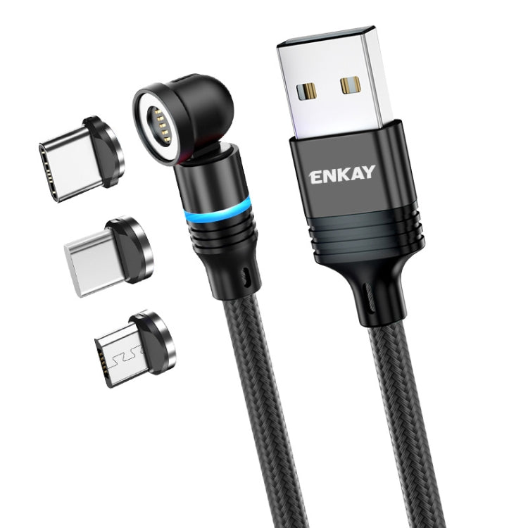 ENKAY 3 in 1 3A USB to Type-C / 8 Pin / Micro USB Magnetic 540 Degrees Rotating Fast Charging Cable, 1m, 2m