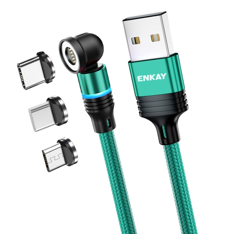 ENKAY 3 in 1 3A USB to Type-C / 8 Pin / Micro USB Magnetic 540 Degrees Rotating Fast Charging Cable, 1m, 2m