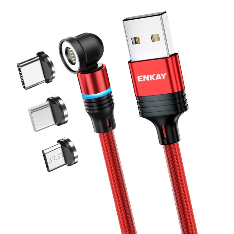 ENKAY 3 in 1 3A USB to Type-C / 8 Pin / Micro USB Magnetic 540 Degrees Rotating Fast Charging Cable, 1m, 2m