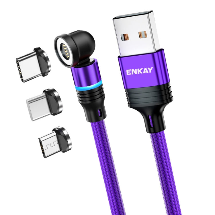 ENKAY 3 in 1 3A USB to Type-C / 8 Pin / Micro USB Magnetic 540 Degrees Rotating Fast Charging Cable, 1m, 2m
