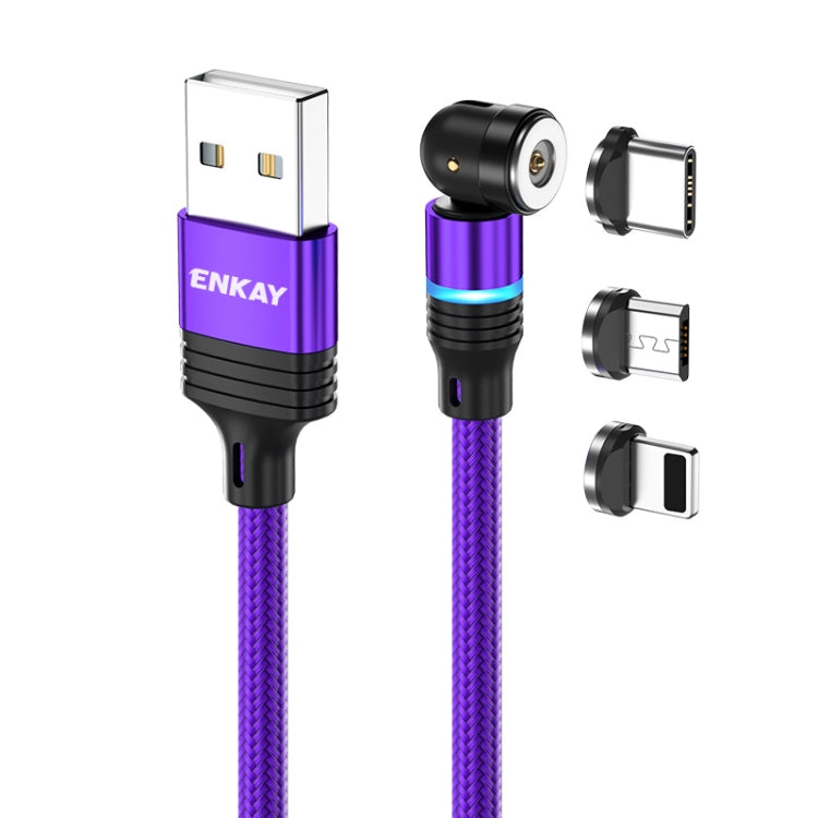 ENKAY 3 in 1 2.4A USB to Type-C / 8 Pin / Micro USB Magnetic 540 Degrees Rotating Charging Cable, 1m, 2m
