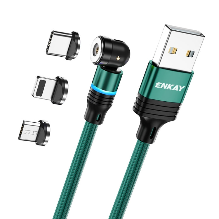 ENKAY 3 in 1 2.4A USB to Type-C / 8 Pin / Micro USB Magnetic 540 Degrees Rotating Charging Cable, 1m, 2m