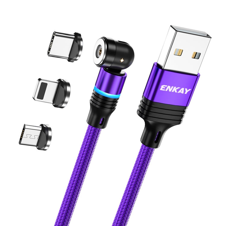 ENKAY 3 in 1 2.4A USB to Type-C / 8 Pin / Micro USB Magnetic 540 Degrees Rotating Charging Cable, 1m, 2m