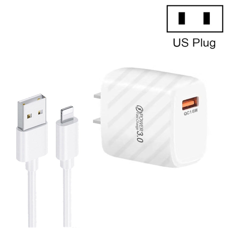 TE-005 QC3.0 18W USB Fast Charger with 1m 3A USB to 8 Pin Cable, US Plug, US Plug + 8 Pin Cable