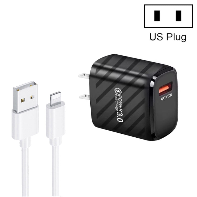 TE-005 QC3.0 18W USB Fast Charger with 1m 3A USB to 8 Pin Cable, US Plug, US Plug + 8 Pin Cable