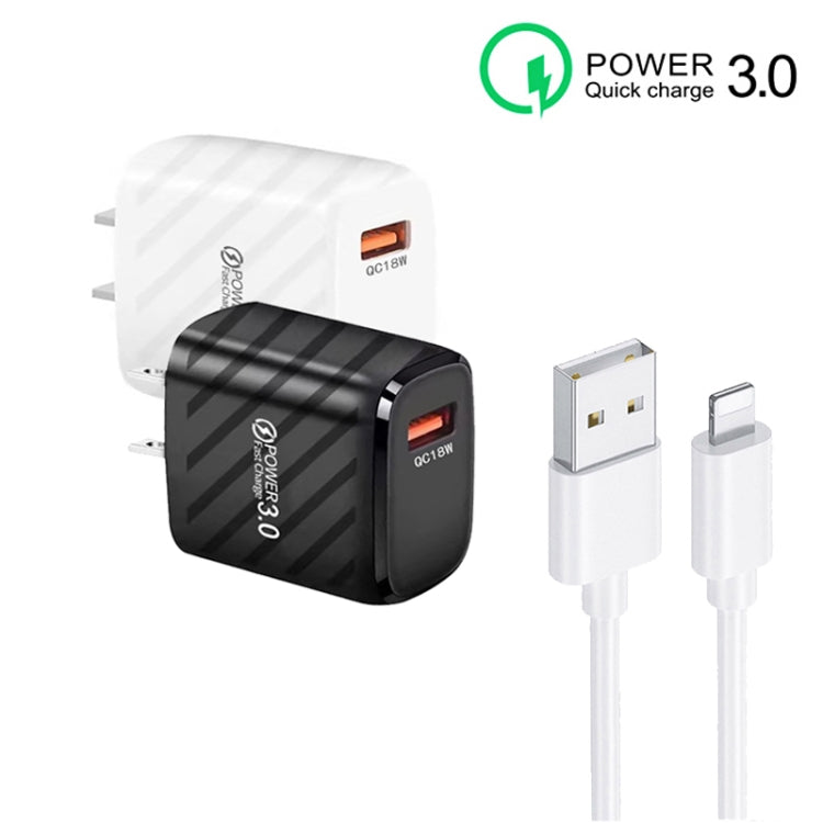 TE-005 QC3.0 18W USB Fast Charger with 1m 3A USB to 8 Pin Cable, US Plug, US Plug + 8 Pin Cable