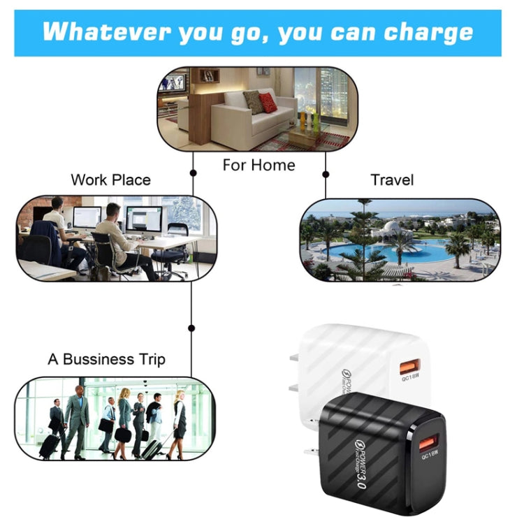 TE-005 QC3.0 18W USB Fast Charger with 1m 3A USB to 8 Pin Cable, US Plug, US Plug + 8 Pin Cable