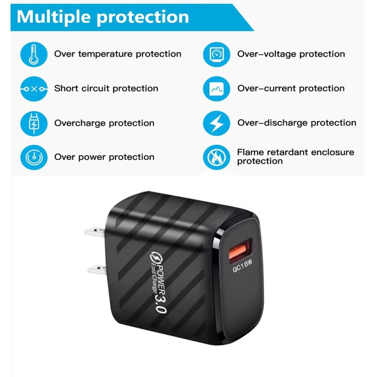 TE-005 QC3.0 18W USB Fast Charger with 1m 3A USB to 8 Pin Cable, US Plug, US Plug + 8 Pin Cable